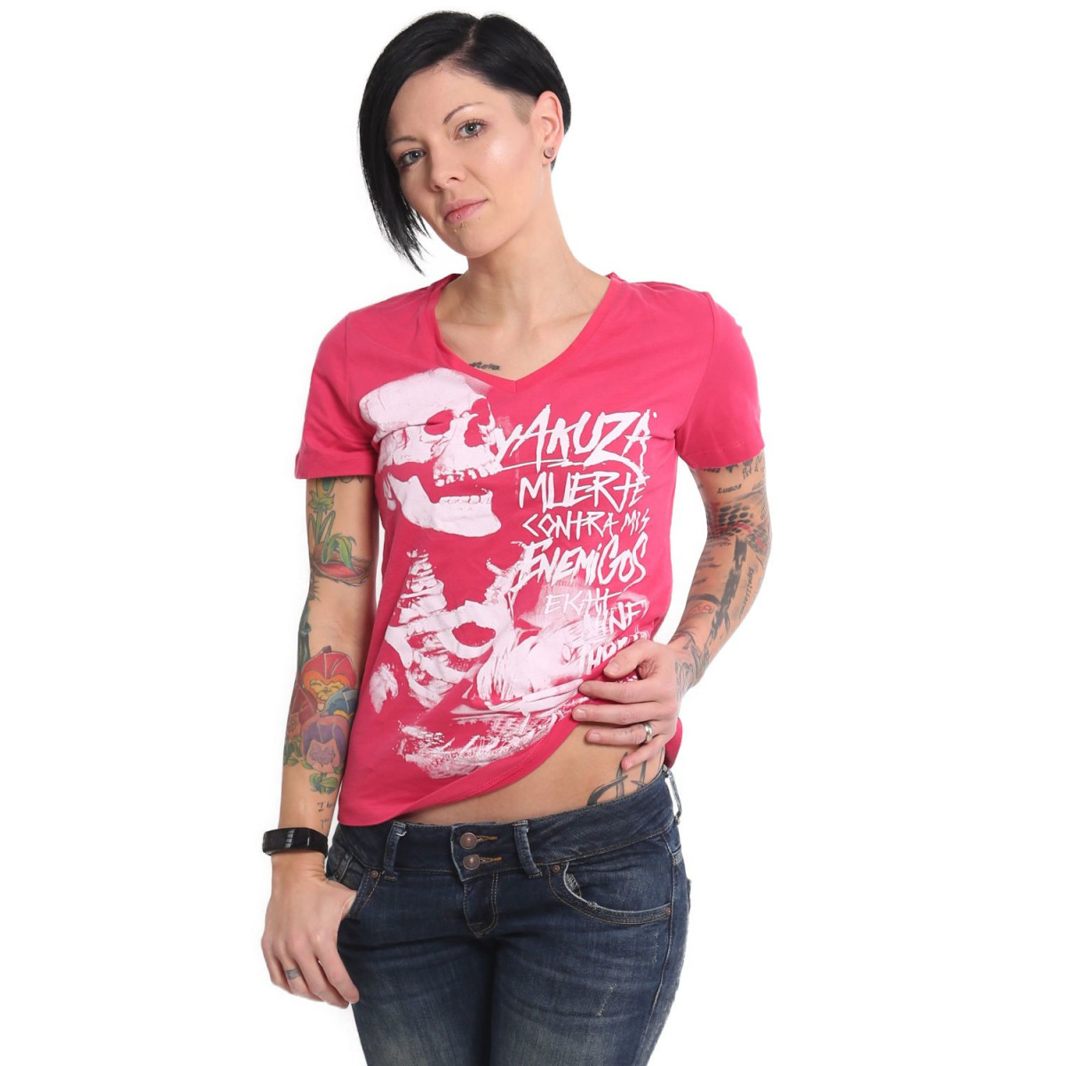 Yakuza Damen T-Shirt Muerte V-Neck GSB 15126 (Rose Red)