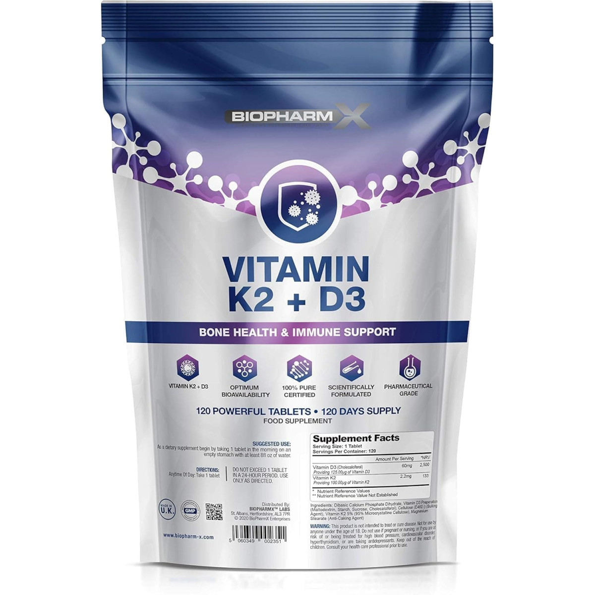 Biopharm-X Vitamin D3 + K2 5000 IU (120 Tabletten)